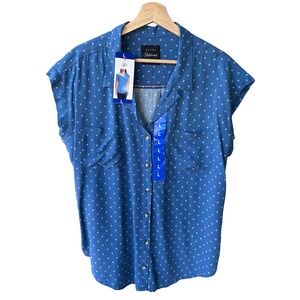 Jachs Girlfriend Blouse Top Shirt Blue Floral Cap Sleeve Button Up Collar Large
